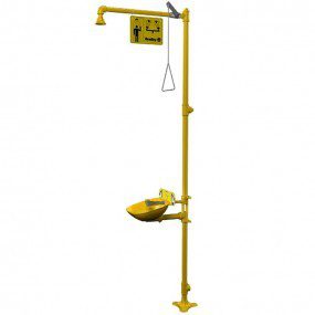 Estación lava ojos o cara, con regadera de plástico, tazón de acero inoxidable y pedal