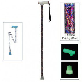 Bastón plegable de 1 apoyo puño francés luminoso "Paisley Black" Glow and Go