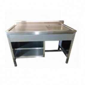 Mesa alta de 120 cm con respaldo y fregadero derecho en acero inoxidable