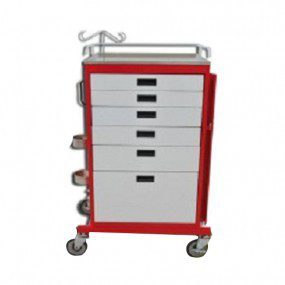 Carro para emergencias de seis cajones esmaltados blancos y cuerpo rojo